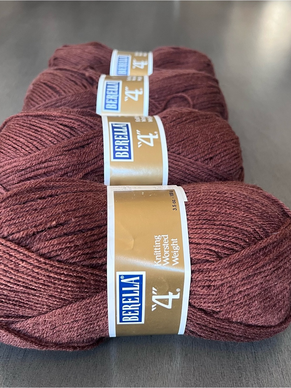 Lot of 4 Vintage Berella Size 4 Worsted Weight Yarn in Walnut same dye lot 3844